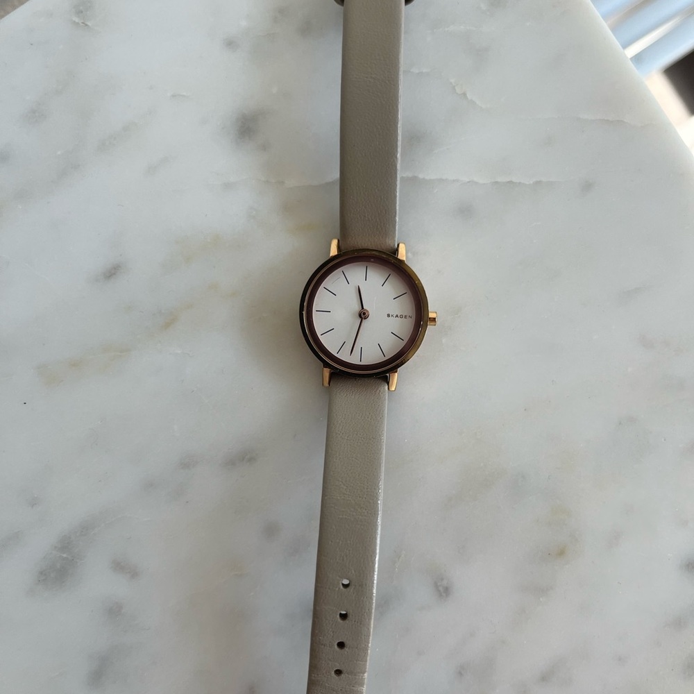Skagen Women's Gray Leather Strap Watch with White Dial and Gold Case